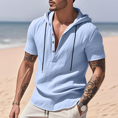 Casual Breathable Linen Hooded Henley Shirt With Short Sleeves  Men's Shirt Breathable Comfortable Spring Summer Fashion Basic Color Streetwear
