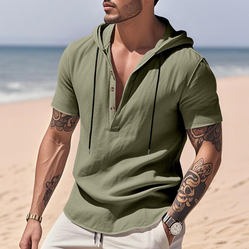 Casual Breathable Linen Hooded Henley Shirt With Short Sleeves  Men's Shirt Breathable Comfortable Spring Summer Fashion Basic Color Streetwear