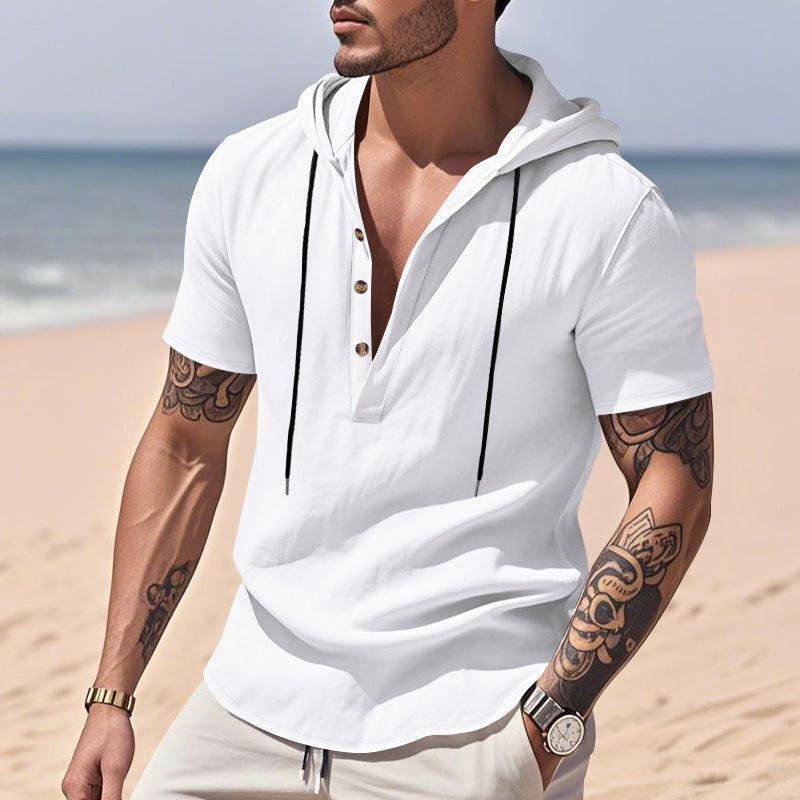 Casual Breathable Linen Hooded Henley Shirt With Short Sleeves  Men's Shirt Breathable Comfortable Spring Summer Fashion Basic Color Streetwear