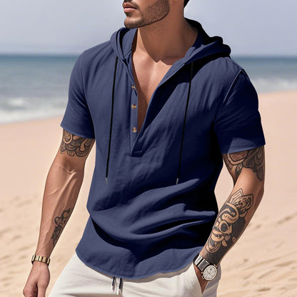 Casual Breathable Linen Hooded Henley Shirt With Short Sleeves  Men's Shirt Breathable Comfortable Spring Summer Fashion Basic Color Streetwear