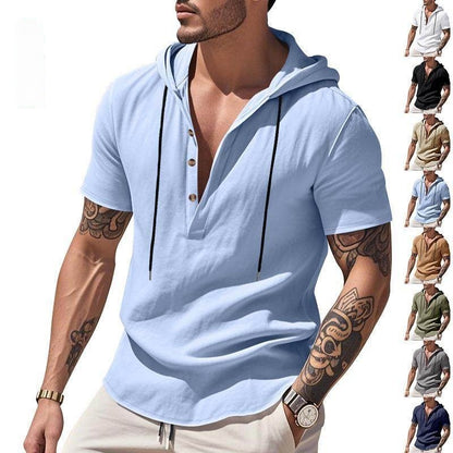Casual Breathable Linen Hooded Henley Shirt With Short Sleeves  Men's Shirt Breathable Comfortable Spring Summer Fashion Basic Color Streetwear