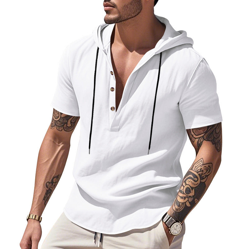 Casual Breathable Linen Hooded Henley Shirt With Short Sleeves  Men's Shirt Breathable Comfortable Spring Summer Fashion Basic Color Streetwear