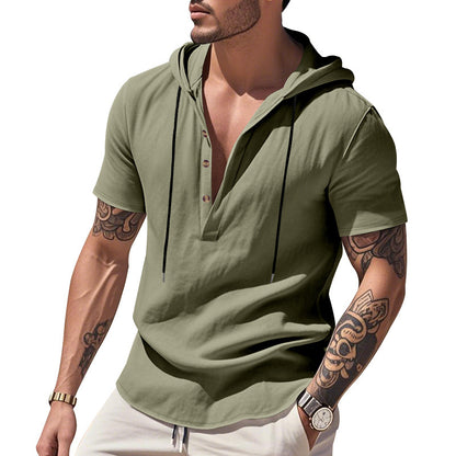 Casual Breathable Linen Hooded Henley Shirt With Short Sleeves  Men's Shirt Breathable Comfortable Spring Summer Fashion Basic Color Streetwear